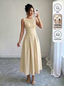 SHEIN LUNE Women's Summer Round Neck Apricot Color Waist-Cinching Full Skirt Sleeveless Long Dress, Elegant Elegant, Birthday Gift, Date, Party, Carnival, Travel, Beach, Vacation, Street, Photo-Worthy Outfit, Summer Clothing, Summer Dress, Summer New Arrival, Essential Fashion Item, Niche Design, Versatile, Women's Casual Vacation Style Long Dress - Apricot - View 3