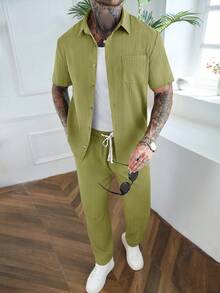 Manfinity Homme Solid Color Textured Striped Casual Vacation Short Sleeve Shirt And Long Pants 2 Pieces Set - Green - View 4
