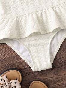 SHEIN Young Girl One-Piece Swimsuit, Cute Polyester Swimwear, Suitable For Summer Swimming, Fashionable Colorful Casual Swimsuit, Suitable For Young Girls, White Ruffle One-Piece Swimsuit, Children's White Ruffle Swimsuit, Ruffle Girls' Swimsuit, White Children's Swimwear, Ruffle Girls' One-Piece Swimsuit - Beige - View 2