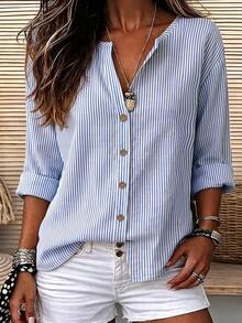 Balvessa Women's Elegant Blue And White Striped Single-Button Long-Sleeved Blouse, Suitable For Beach, Vacation And Party Occasions - Blue - View 1