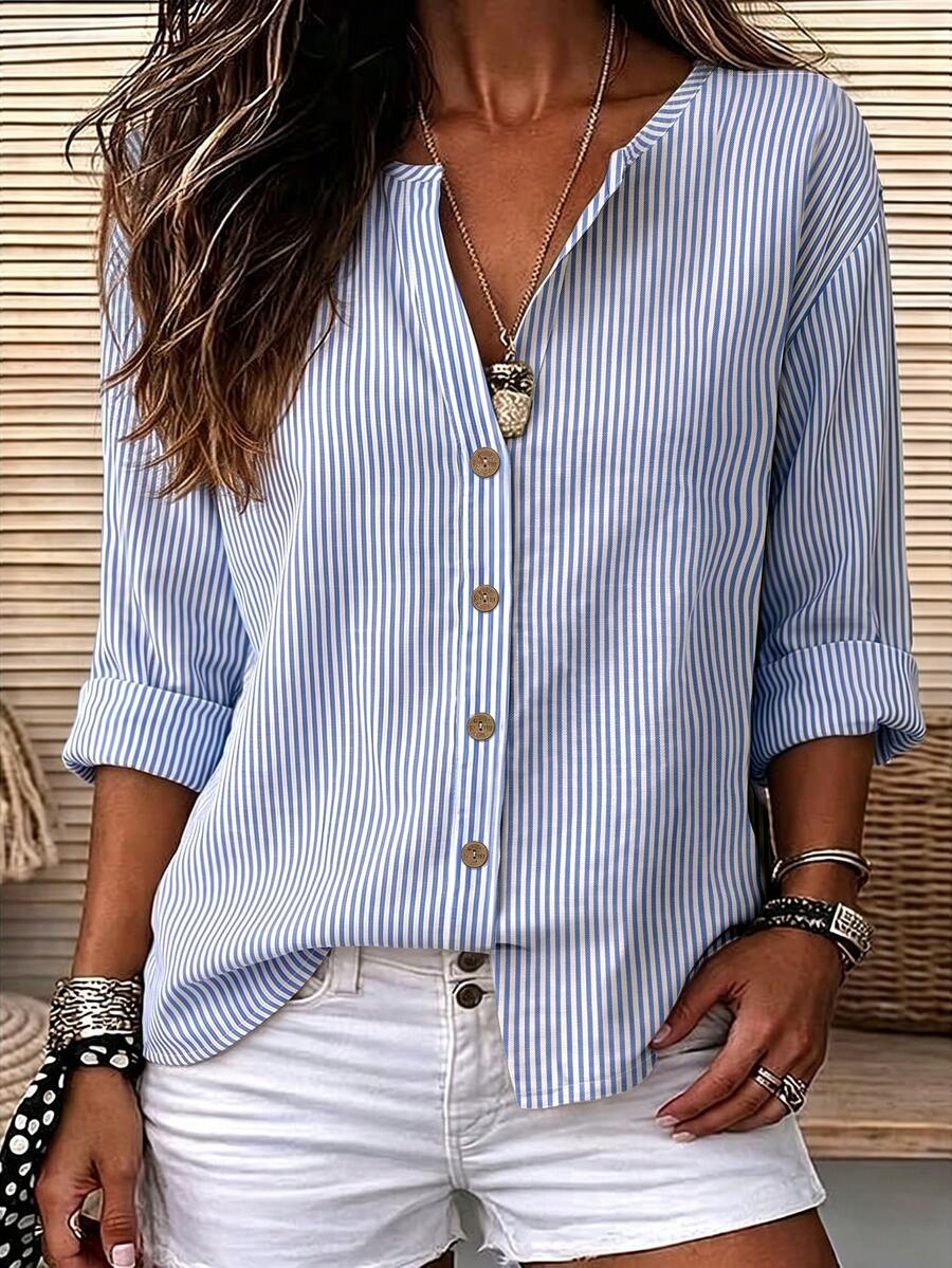 Balvessa Women's Elegant Blue And White Striped Single-Button Long-Sleeved Blouse, Suitable For Beach, Vacation And Party Occasions - Blue - View 1