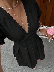 Siren Gaze Women's V-Neck Lace Patchwork Casual Romantic Elegant Daily Summer Mini Dress Vacation Party Black - Black - View 7