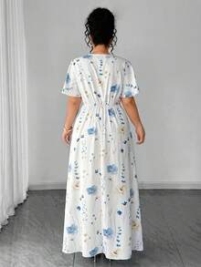 Elenzga 大码女式V领蕾丝拼接印花修身A字短袖连衣裙，通勤风格，春夏款 - 藍白色 - 查看 2