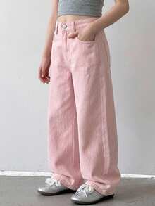 Dazy Kids Jeans de mezclilla para niñas, nuevo estilo primavera/verano, con bolsillos traseros y strass, acampanados (talla grande) - Rosa - Ver 2