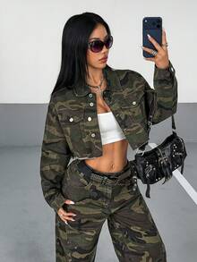 SHEIN HypeZone 春秋休閒迷彩印花短版牛仔夾克 - 軍綠色 - 查看 8