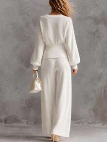 LUMIGAL New Soft Elegant Knit Cardigan And Knit Pants Casual 2 Pieces Set - Apricot - View 2