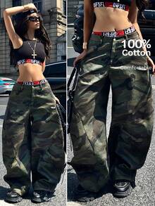 Coolane 男女夏季西部牛仔风街头服饰演唱会 Y2K 森林迷彩宽松低腰裤 - 軍綠色 - 查看 1