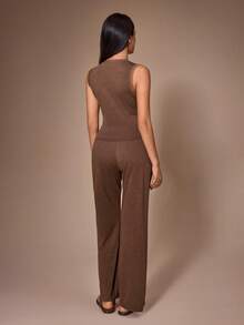 Lazeform Lace Patchwork Women's Casual Pajama Loungewear Set - Coffee Brown - View 3