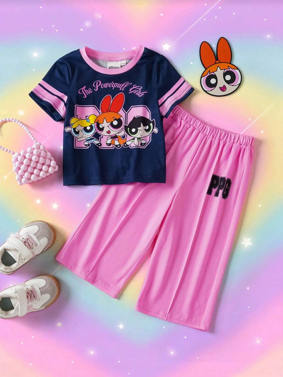 THE POWERPUFF GIRLS X SHEIN 女嬰圓領短袖T恤與長褲休閒套裝 - 粉色 - 查看 1