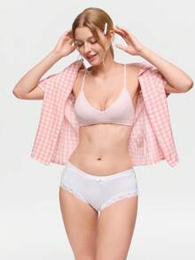 Bonmuse 1pc Women Lace Trim Bow Decor Solid Color Panty - White - View 8