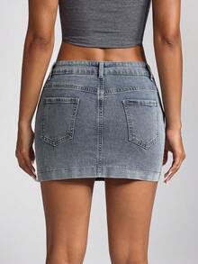 SHEIN ICON Women Denim Skirts Tombol Kantong Zip Plain - Medium Wash - View 2