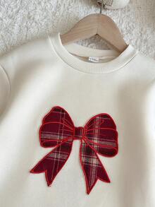 SHEIN LMoss Kids 女嬰針織秋冬衛衣洋裝，大蝴蝶刺繡拼接酒紅格紋裙，超可愛度假節日風可愛日系風 - 彩色 - 查看 3