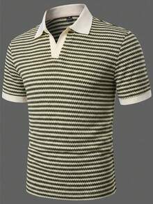 Manfinity Homme Men's Striped Patchwork Casual Versatile Commuting Short Sleeve Polo Shirt - Multicolor - View 6