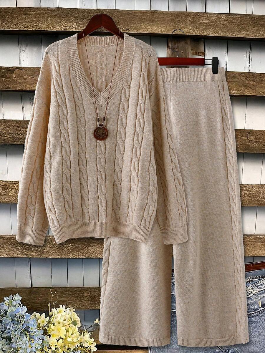 Linhara Plus Size V-Neck Cable Knit Long Sleeve Pullover Sweater And Pants Casual Set - Apricot - View 1