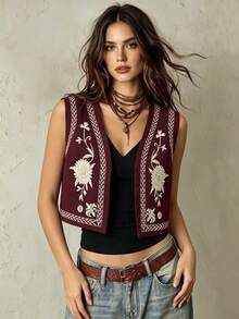 Franclia Chaleco/Chaqueta de mujer con bordado estilo occidental - Rojo violeta - View 1