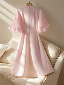Franclia Ruffle Sleeve Solid Color Minimalist Fashion Waist Cinched A-Line Dress, Pink - Pink - View 2