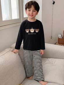 Dazy Kids 小男孩字母卡通熊印花長袖上衣與長褲居家服 - 黑色 - 查看 5