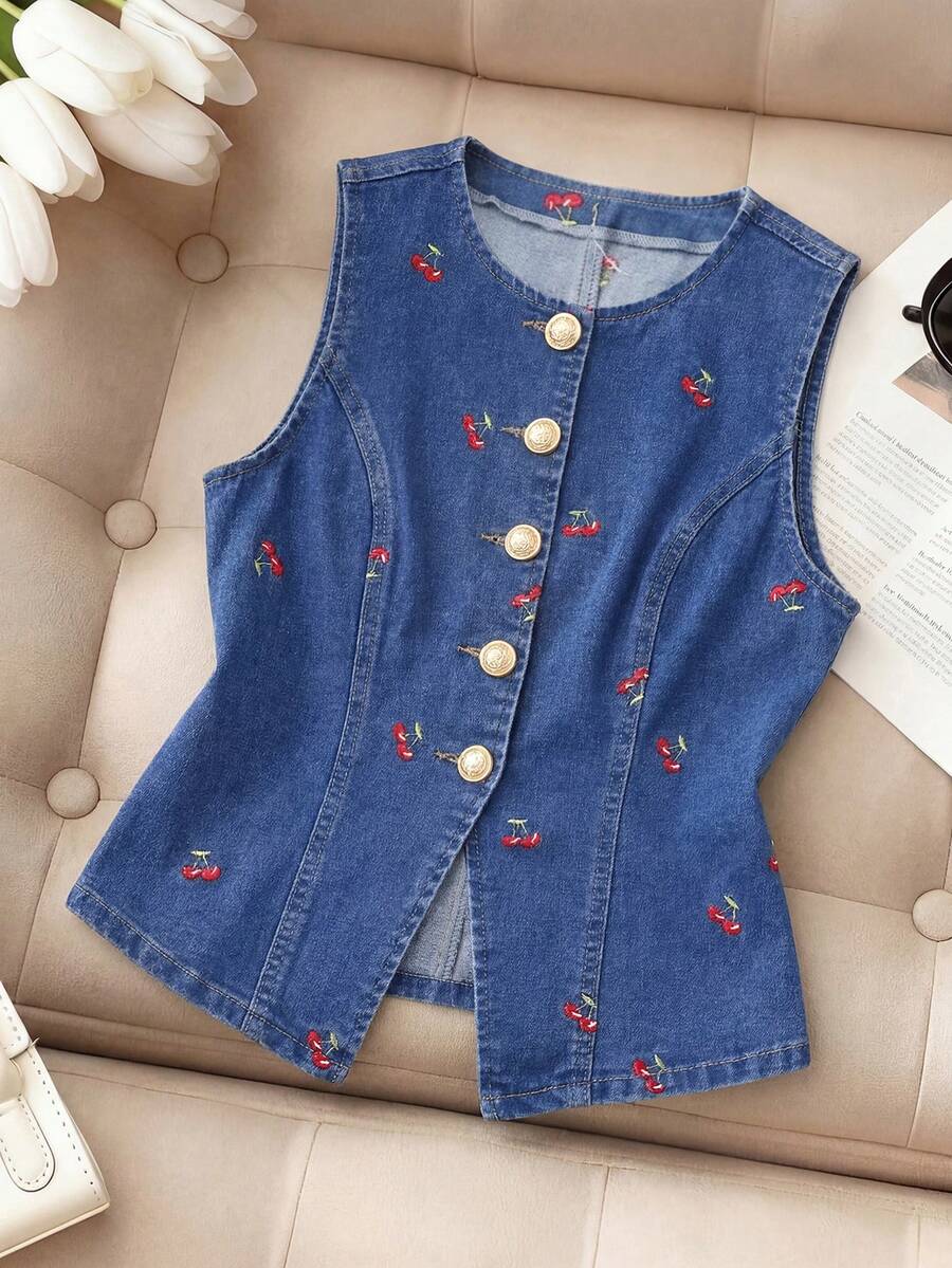 SHEIN MOD 女款時尚百搭櫻桃刺繡鈕扣牛仔背心 - 藍色 - 查看 1