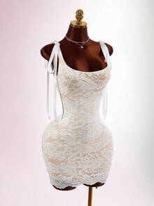Amplova Abito mini elegante da donna senza maniche con nodo sulle spalle e pizzo floreale - Bianco - Visualizzare 6