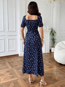 Modelyn 女款方領碎花開衩度假夏季短袖洋裝 長版晚禮服 - 藏蓝色 - 查看 4