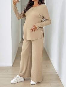 SHEIN 孕婦純色側開衩綁帶上衣與長褲兩件套 秋季 - 卡其色 - 查看 4