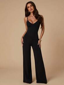 SHEIN BAE Spring/Summer Solid Black Minimalist Elegant Backless Spaghetti Strap Women's Jumpsuit, Black Backless Jumpsuit - Black - View 3