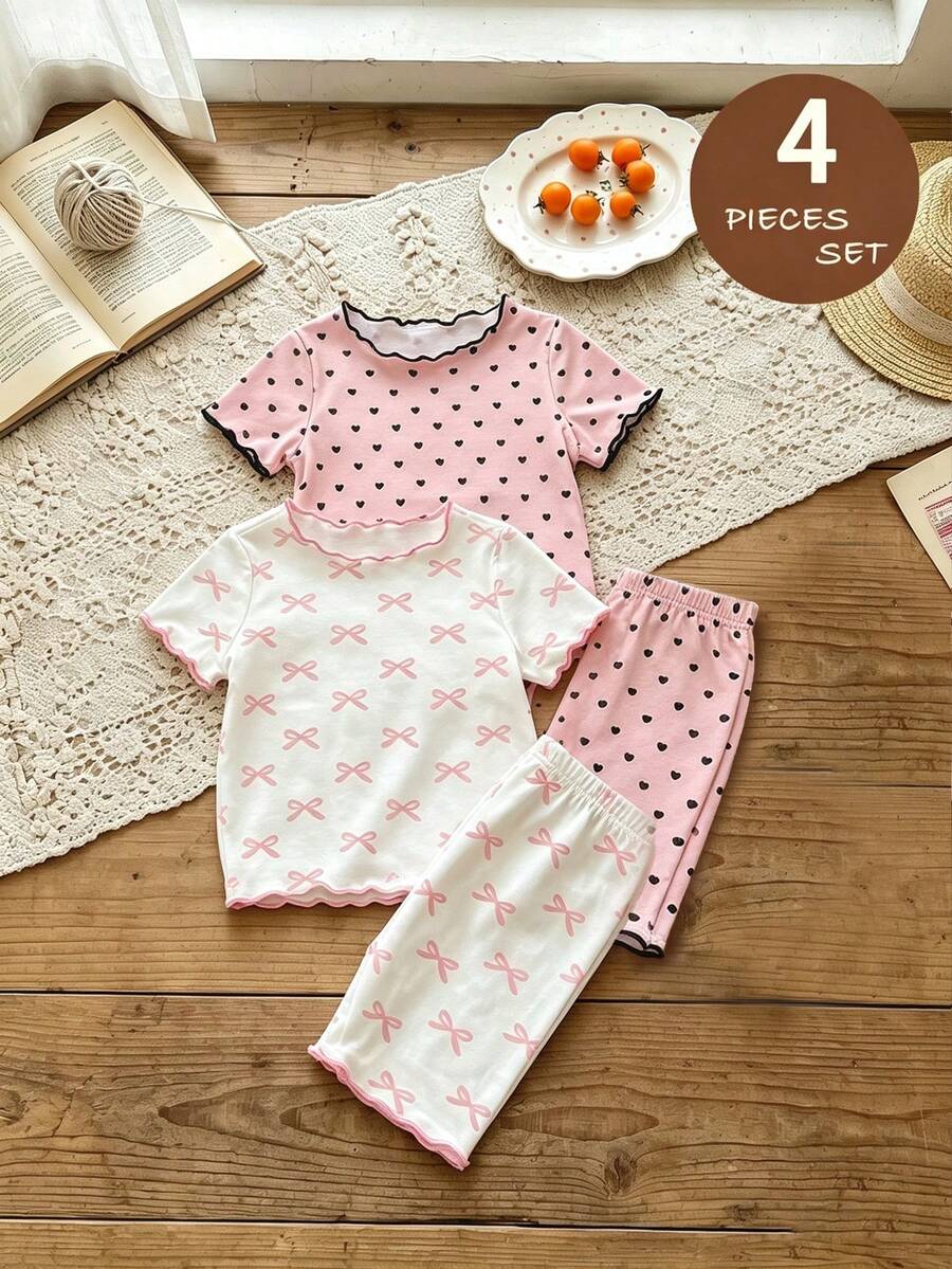 SHEIN LMoss Kids Conjunto de camiseta y pantalones cortos de punto con patrón de corazón y cuello con volantes para bebé niña - Multicolor - Ver 1