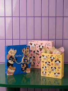 Joivida 可愛卡通小狗印花方形紙製禮品袋，附繩把手，甜點狗狗圖案便攜禮物包裝手提袋，適用生日派對、節日糖果零食包裝，3種尺寸多色黃色粉色 Ins 風，寵物愛好者禮物 - 查看 1