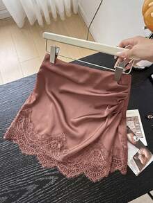 Muvela Women's Solid Color Pleated Contrast Lace Elegant Skirt - Dusty Pink - View 5