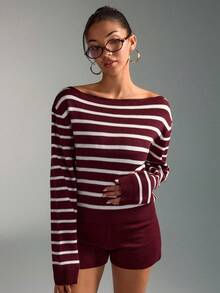 SHEIN Burgundy Off-Shoulder Ribbed Knit Co-Ord Set With Long Sleeve Top Matching Shorts July Edit Autumn Stripes Coastal Cool Soft Stretch Knitwear - Burgundy - View 3