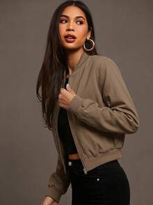 Siren Gaze Chaqueta bomber con cierre de cremallera para otoño/invierno - Marrón Mocha - Ver 8