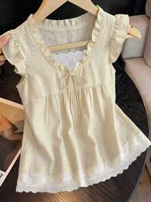 GlowEve Casual Cute Lace Patchwork Hem & Flutter Sleeve Solid Color Blouse For Women, Blue - Khaki - View 1