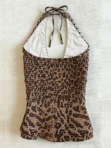 INAWLY Top de verano vintage con estampado de leopardo y cuello halter, top para mujer con decoración de strass y remaches de metal - Multicolor - Ver 2