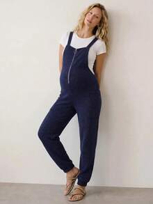 Modmama Maternity Zipper Front Casual Bib Jumpsuit Navy Blue,Autumn Smart Casual Overalls,Going Home From Hospital - Navy Blue - View 3