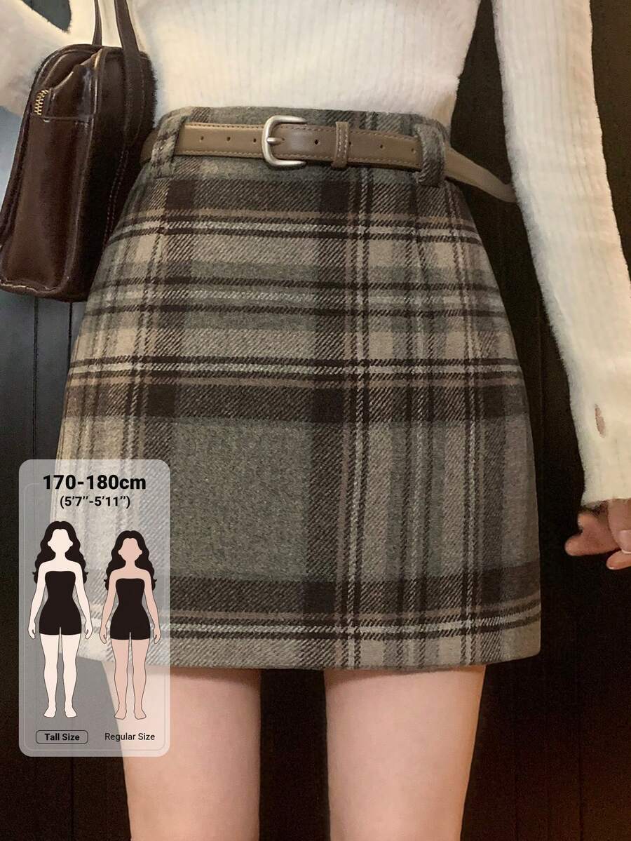 Dazy Tall Women's Plaid Skirt Elegant Wool Blend Skirt - Khaki - View 1