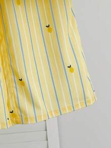 SHEIN Elladie kids 女童大童黃色條紋檸檬印花襯衫套裝，寬鬆休閒慵懶風，翻領，印花圖案，鬆緊腰寬腿直筒褲，2件套，適合日常休閒、通勤、優雅時尚、度假旅行 - 黃色 - 查看 7