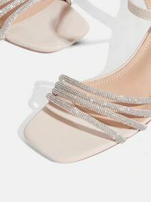 CUCCOO TILAWA Sandalias de tacón alto elegantes con punta cuadrada y decoración de strass para mujer, color albaricoque arroz, zapatos de primavera y verano - Arroz albaricoque - Ver 6