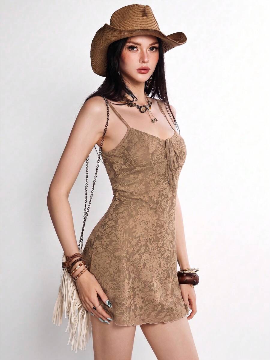Rina Fox 女款時尚休閒鄉村西式波希米亞性感街頭風針織提花細肩帶迷你洋裝,度假色,適合夏季音樂會 - 卡其色 - 查看 1