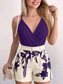 Elenzga Pantalones cortos de línea A con estampado de moda para mujer de talla grande, primavera/verano, para ir al trabajo - Morado - Ver 7