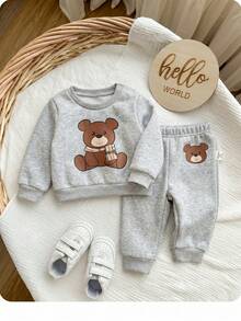 Newborn Baby Autumn/Winter Cute Cartoon Pattern Long Sleeve Sweatshirt & Pants Set - Light Grey - View 8