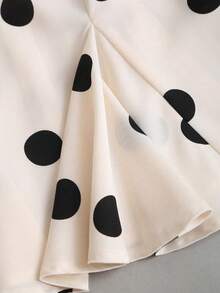 Selianne Summer French Vintage Apricot Large Polka Dot Round Neck Flare Short Sleeve Blouse, Cinched Waist Pleated Ruffle Hem Slimming Tummy-Covering Short Versatile Shirt Top - Apricot - View 3