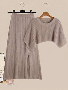 Sweetra Plus Size Shawl Sweater & Knitted Skirt Set Fall - Champagne - View 3