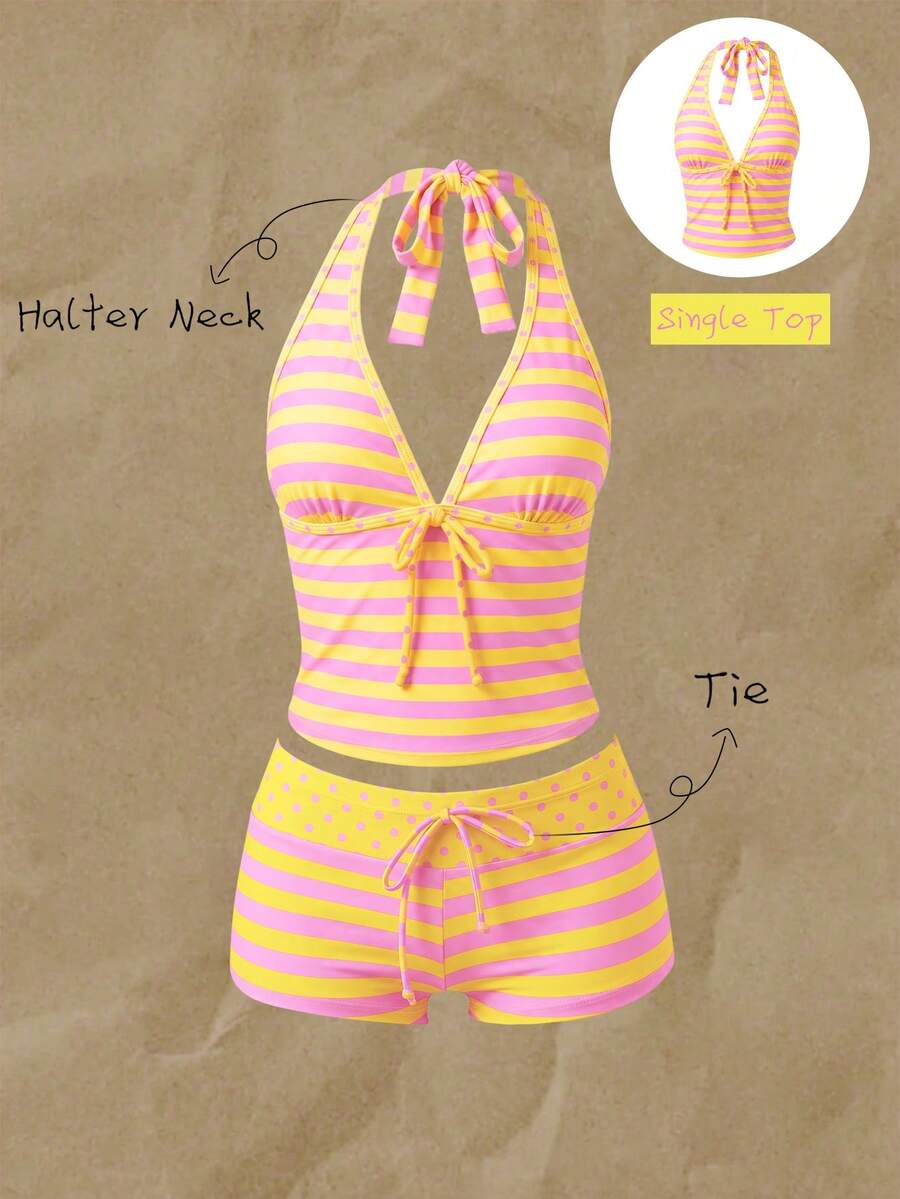 Elavelle Women's Spring/Summer Random Print Spaghetti Strap Bow Tank Bikini Top - Multicolor - View 1