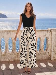 SHEIN Rosurelle New Fashionable Plant Print V-Neck Color Block Wide Leg Jumpsuit - Multicolor - View 1