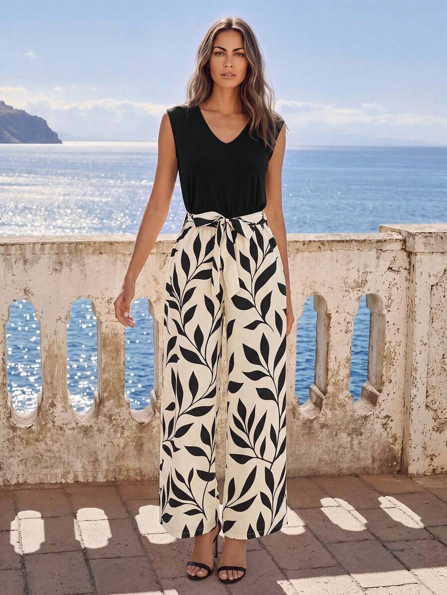 SHEIN Rosurelle New Fashionable Plant Print V-Neck Color Block Wide Leg Jumpsuit - Multicolor - View 1