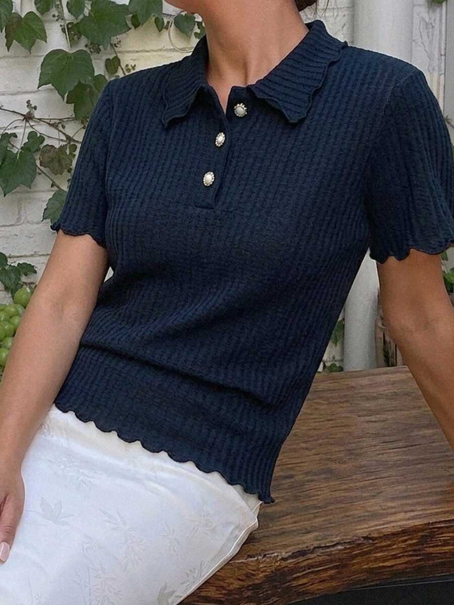 FRIFUL Women's Waffle Knit Half-Placket Polo Collar Textured Fabric Loose T-Shirt With Metal Button Decoration - Navy Blue - View 1