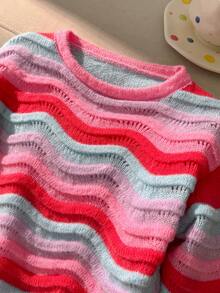 SHEIN Genkimix Kids Girls' Gradient Wave Pattern Cute Thin Knit Sweater - Multicolor - View 4