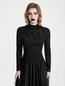 Breakform Gothic Halloween Stretch Top With Flocked Panels And Sheer Bell Sleeves-Vintage Architectural Print, Dark Romantic Style - Black - View 3