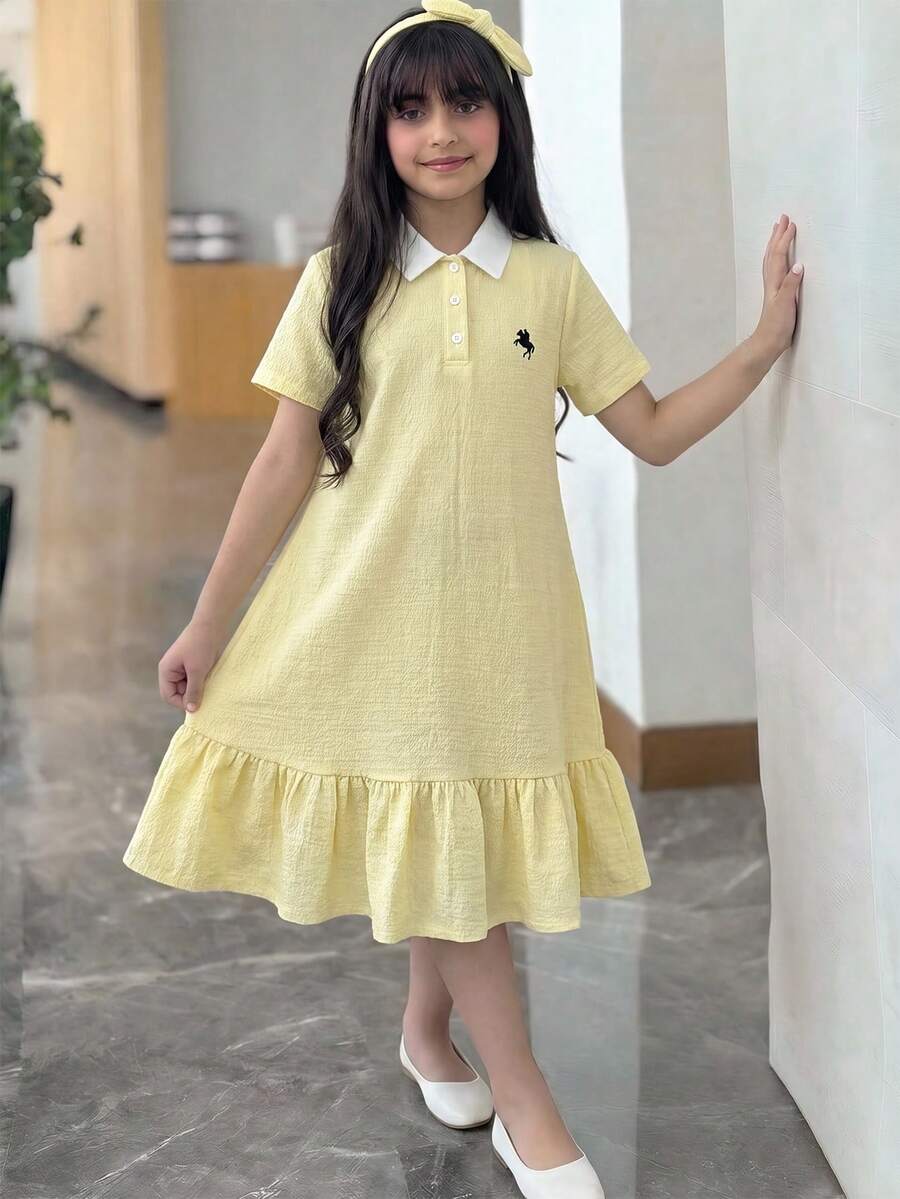 SHEIN Tween女孩編織黃色拼色對比襯衫領休閒荷葉邊洋裝 - 藍色 - 查看 1