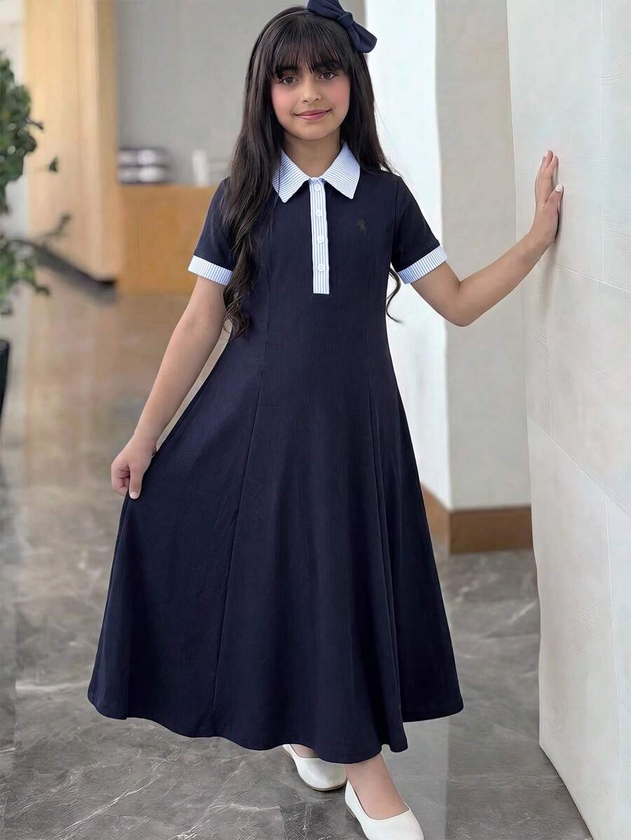 SHEIN 兒童青少年女孩復古 POLO 領拼接條紋長款藍色洋裝,適合休閒日常穿著、通勤與返校 - 藍色 - 查看 1